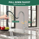 Pull down faucet with flexible spray head in a kitchen setting