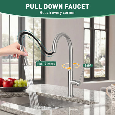 Pull down faucet with flexible spray head in a kitchen setting