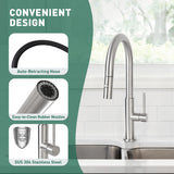 Stainless steel kitchen faucet with features highlighted on a green background