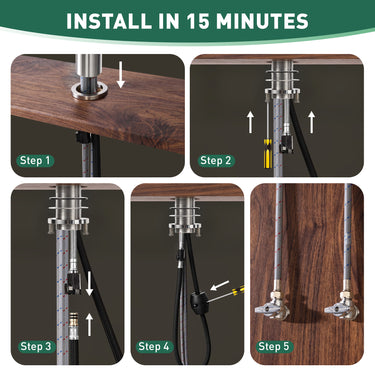 Step-by-step installation guide for a product on a wooden surface with text 'Install in 15 Minutes'.