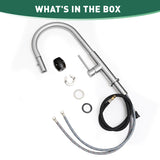 Kitchen faucet assembly with hoses and connectors on a white background