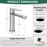 Stainless steel faucet with detailed dimensions and mounting hole position on a white background