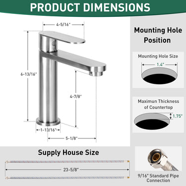 Stainless steel faucet with detailed dimensions and mounting hole position on a white background