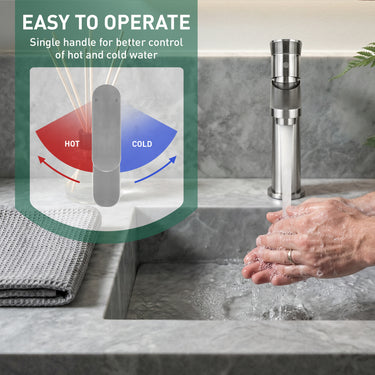 Person washing hands under a modern faucet with a control illustration showing hot and cold water.
