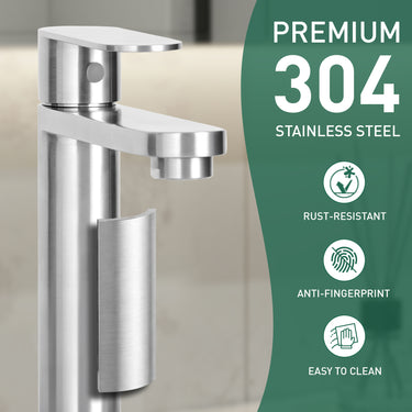Stainless steel faucet with features highlighted on a green background