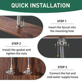 Step-by-step installation guide for a faucet on a wooden surface.