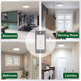Smart home control panel with images of a basement, dining room, bathroom, and laundry room.