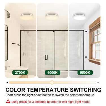 Bathroom with three different color temperature lights labeled 2700K, 4000K, and 5500K.