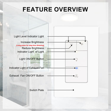 Control panel with labeled features for light and exhaust fan in a bathroom setting.