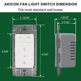 Dimensions of an AKICON fan light switch on a green background