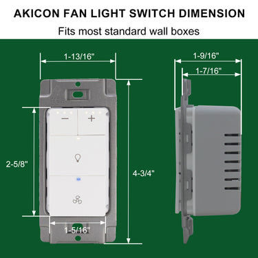 Dimensions of an AKICON fan light switch on a green background