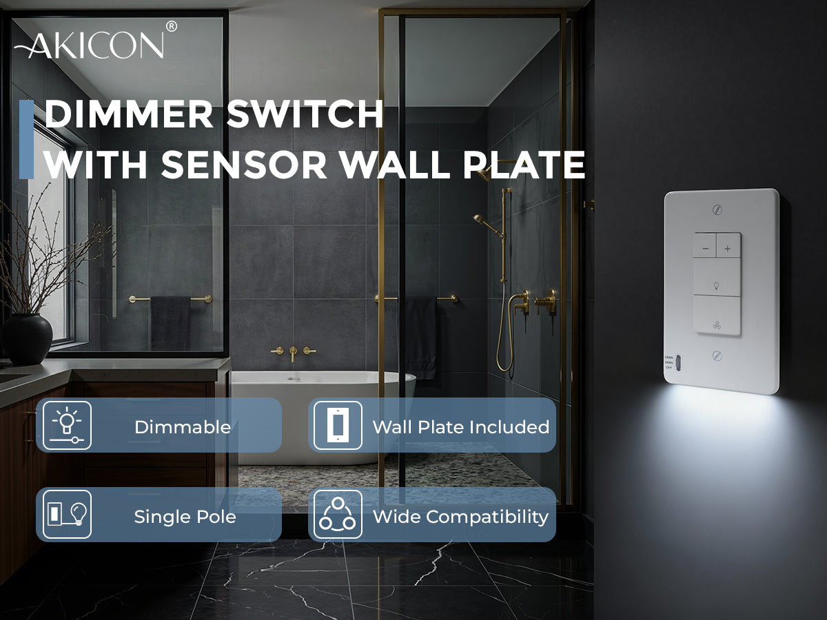 Akicon dimmer switch with sensor wall plate in a modern bathroom setting