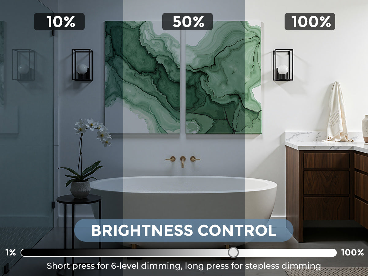 Bathroom scene with a bathtub and vanity, showing brightness control adjustment from 10% to 100%.