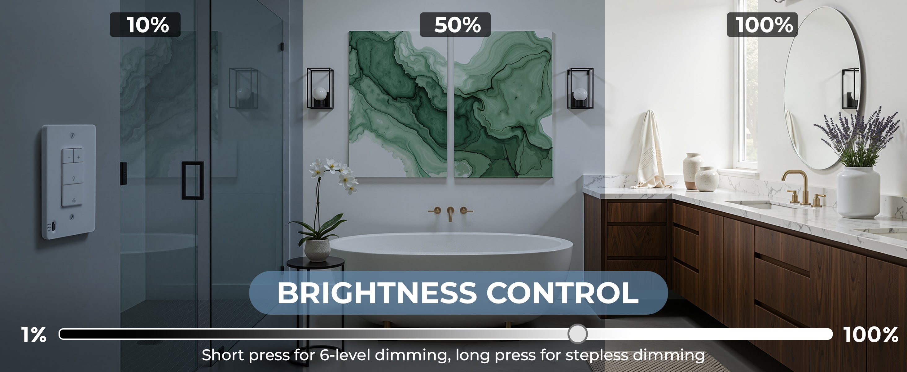 Bathroom interior with a dimmer control panel and brightness control indicator.