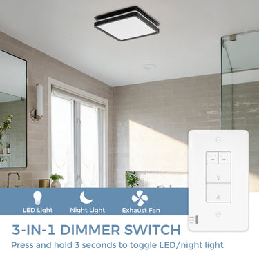 3-in-1 dimmer switch with LED light, night light, and exhaust fan functions in a bathroom setting.