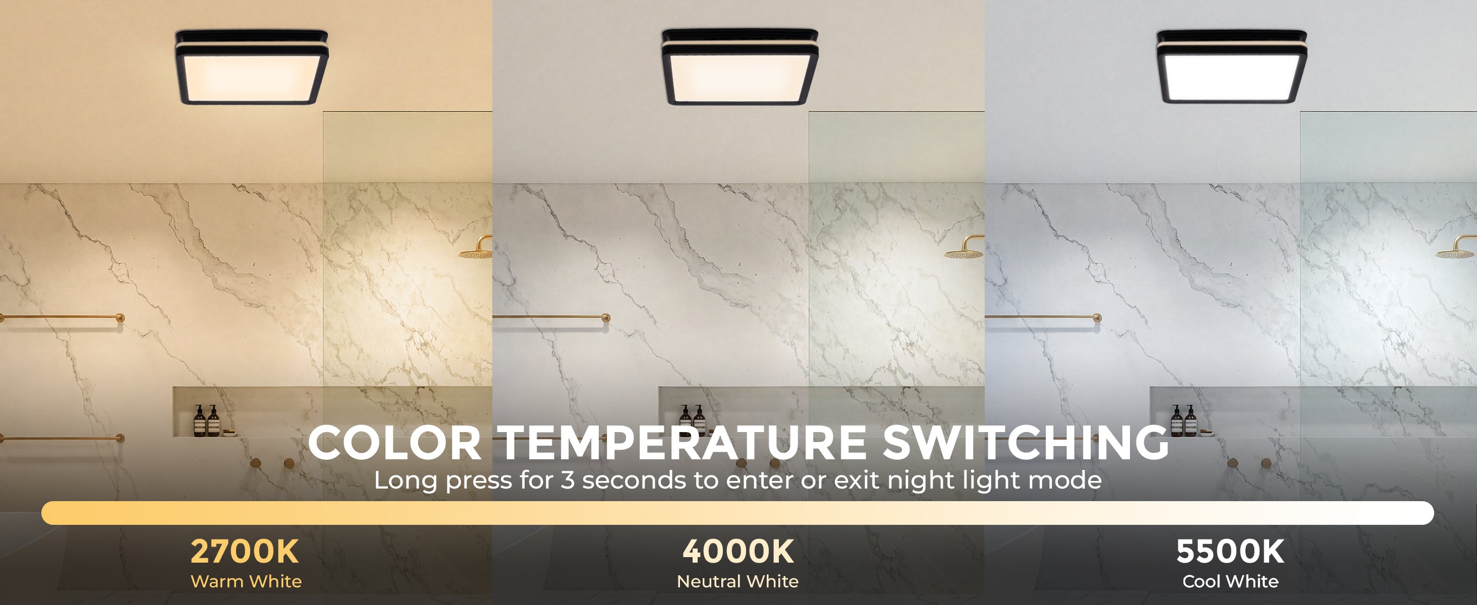 Color temperature switching demonstration for a ceiling light fixture with 2700K, 4000K, and 5500K options.