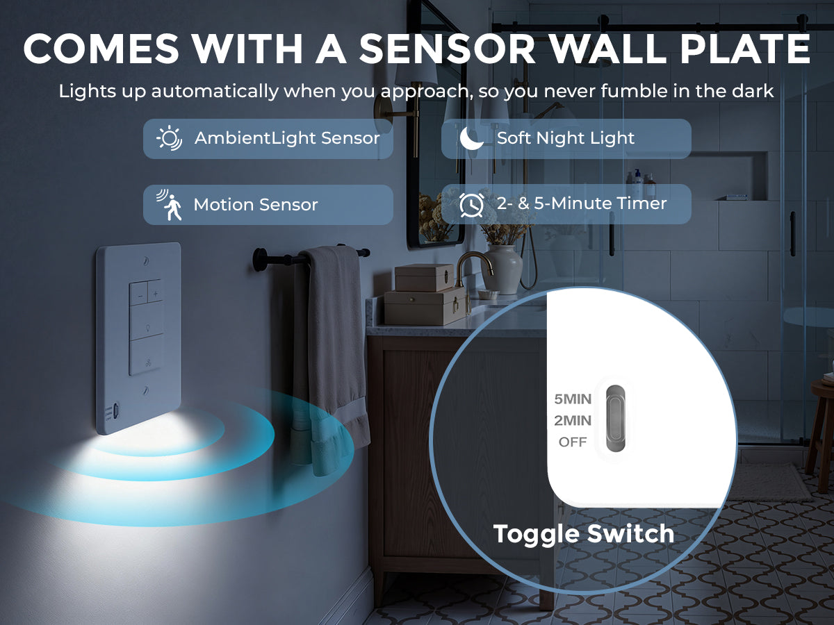 Lighting fixture with sensor wall plate in a bathroom setting, featuring ambient light sensor, soft night light, motion sensor, and toggle switch.