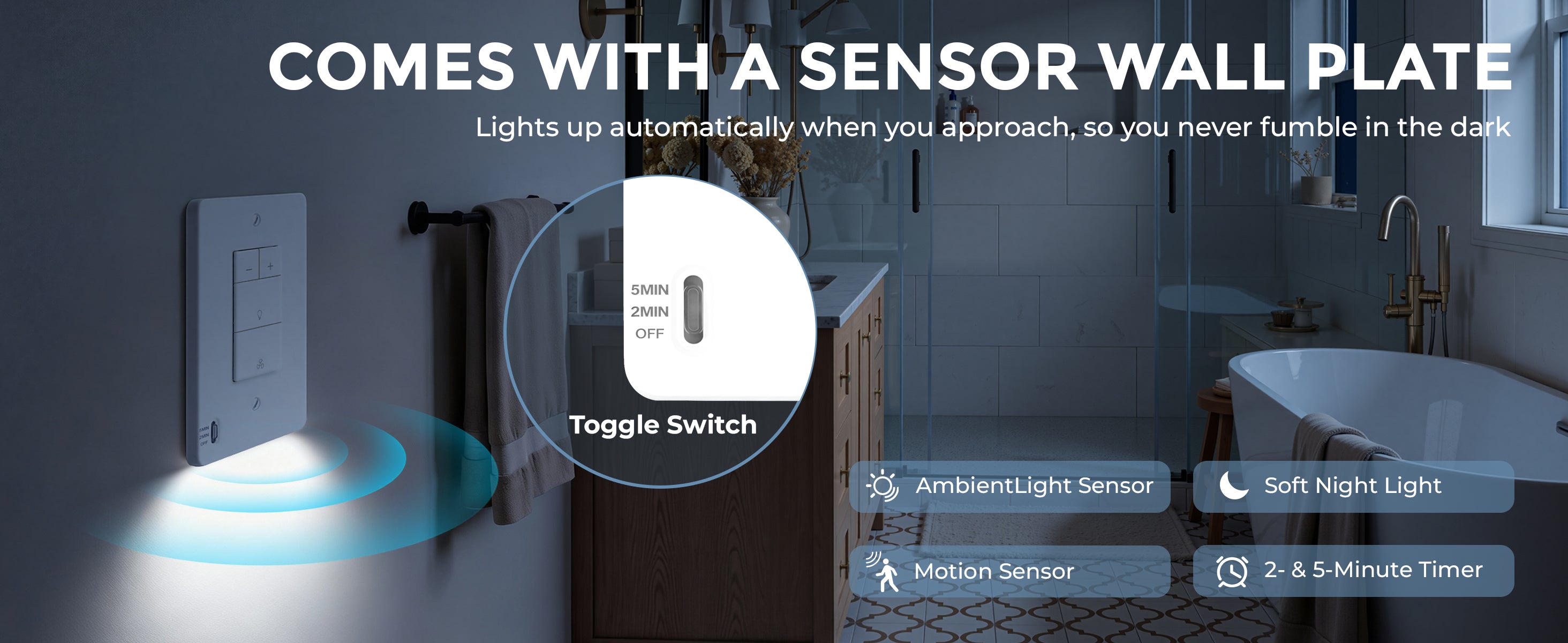Light switch with sensor wall plate and features highlighted in a bathroom setting