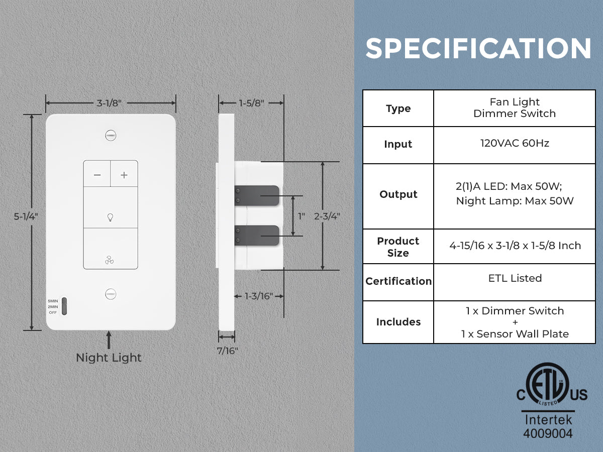 Fan light dimmer switch with specifications on a gray background