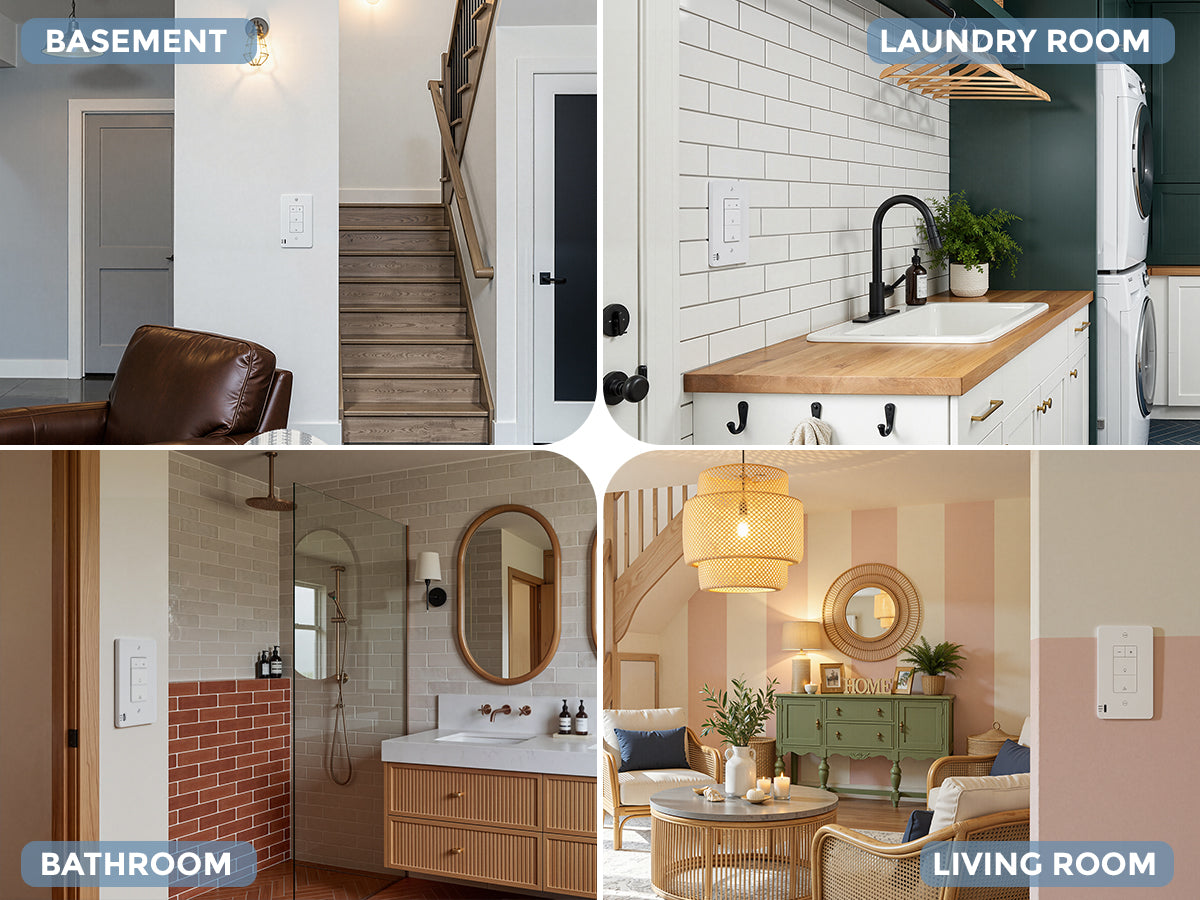 Collage of different rooms including a basement, laundry room, bathroom, and living room.