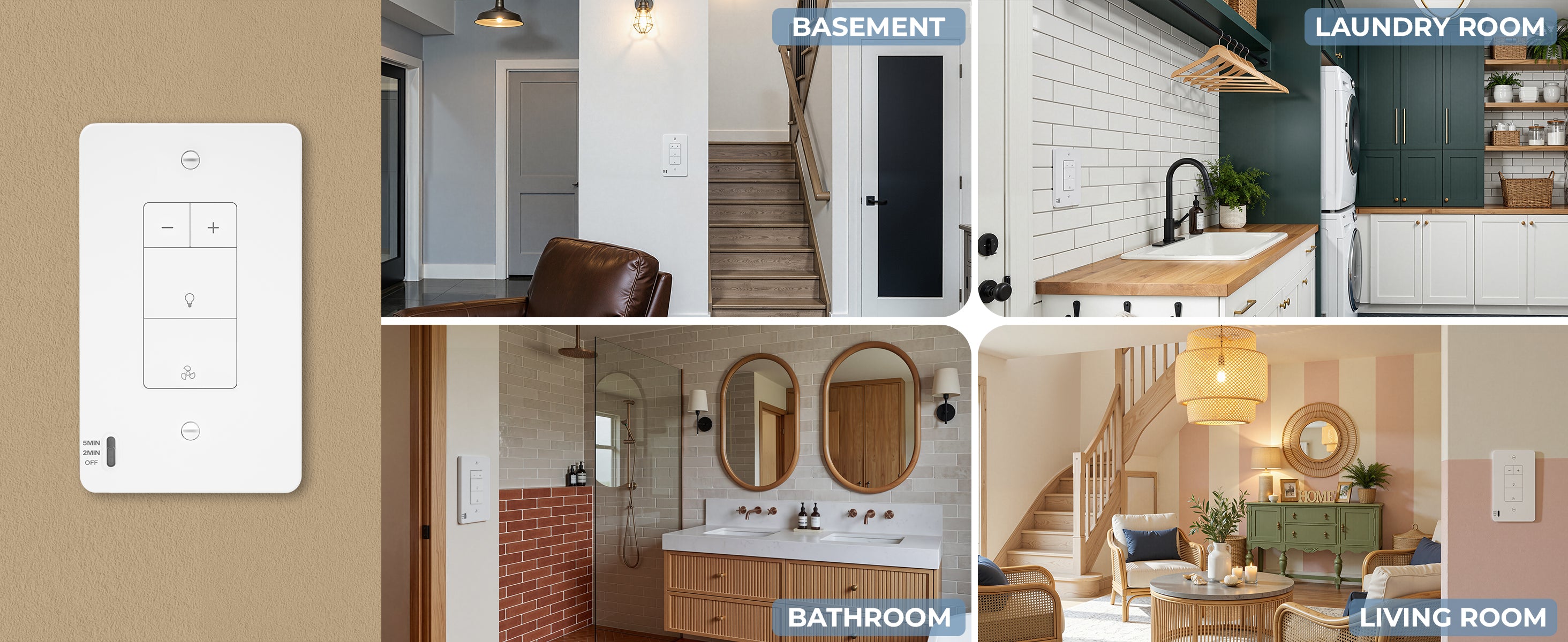 Smart home control panel with images of a basement, laundry room, bathroom, and living room.