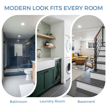 Collage of a bathroom, laundry room, and basement with text 'Modern look fits every room'.
