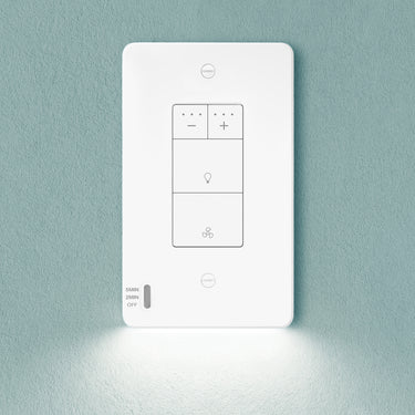 White smart wall switch on a light blue wall