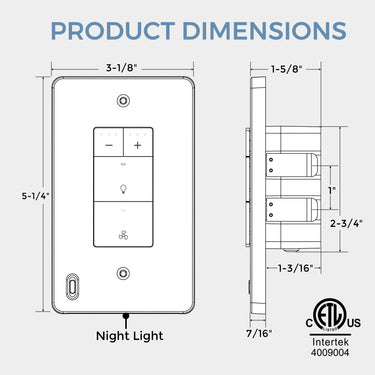 Dimensions of a night light device with Intertek certification label.