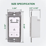 Dimensions of a wall switch and outlet on a white background