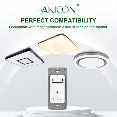 Bathroom exhaust fans with remote control on a white background, featuring the brand 'AKICON'.