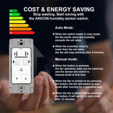 Humidity sensor switch with energy efficiency rating and mode descriptions.