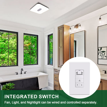 Bathroom interior with a focus on an integrated switch, featuring windows and modern fixtures.