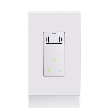 White wall switch with green indicator lights on a white background