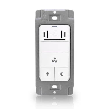 Gray wall switch cover plate with control buttons on a white background