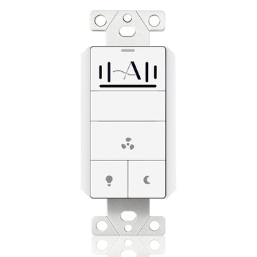 White wall switch with brand logo on a white background