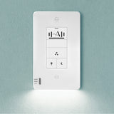 White electronic wall switch with control panel on a light blue wall