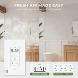 Humidifier control panel with 'Fresh Air Made Easy' text in a bathroom setting.