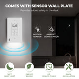 Wall-mounted light fixture with sensor features and benefits highlighted