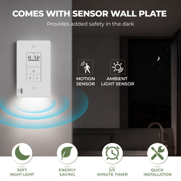 Wall-mounted light fixture with sensor features and benefits highlighted