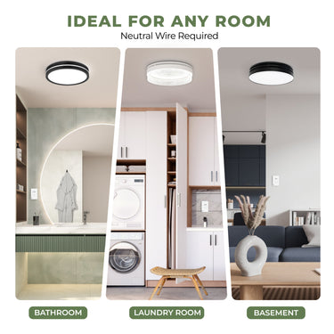 Ceiling light fixture shown in a bathroom, laundry room, and basement setting with text indicating neutral wire requirement.