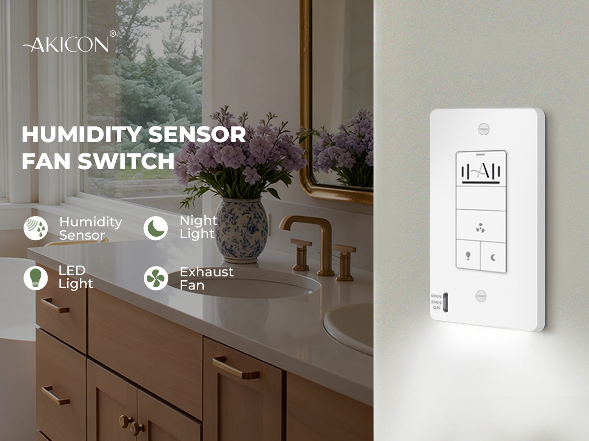 Humidity sensor fan switch on a bathroom wall with a sink and window in the background.