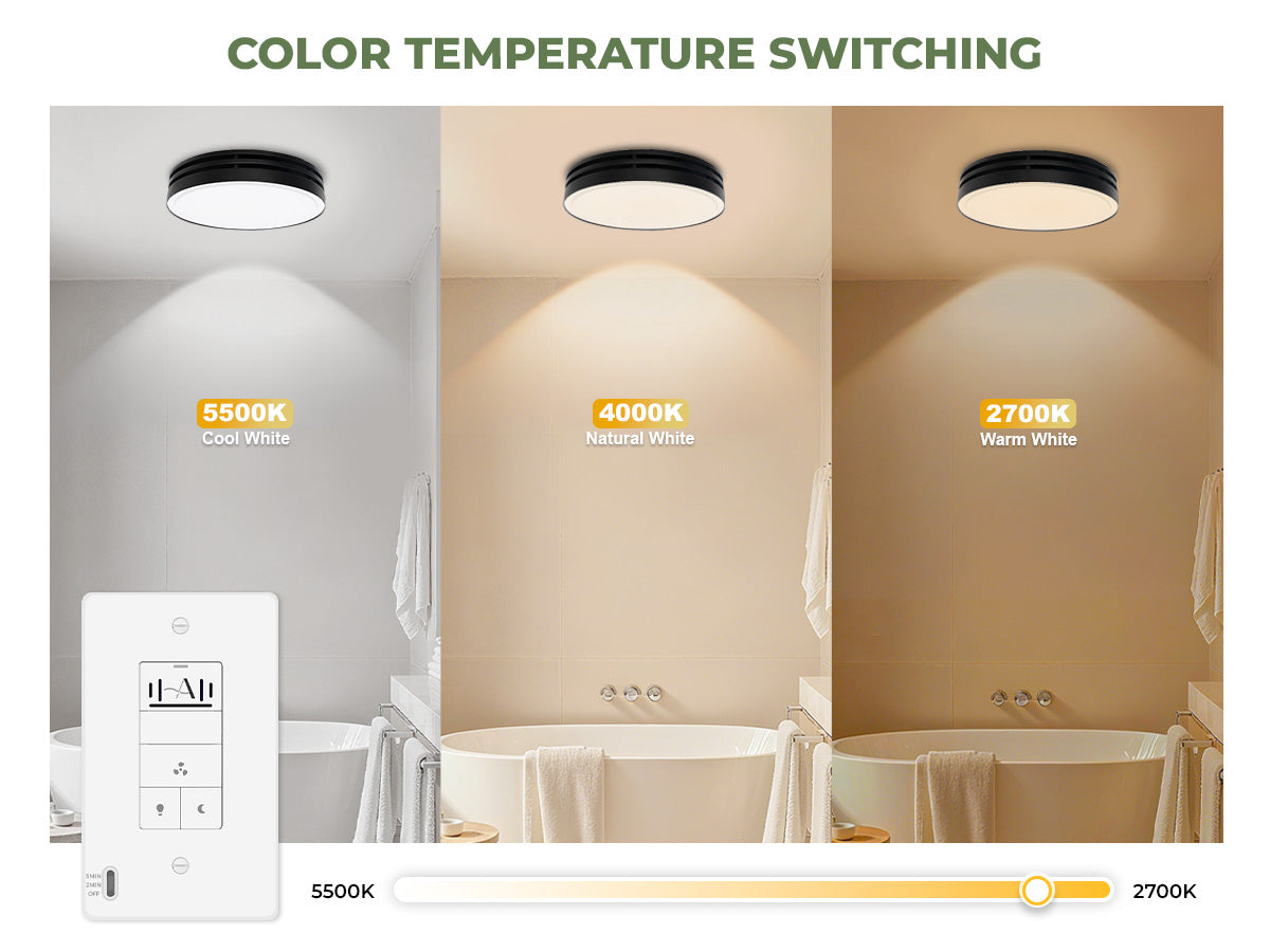 Lighting fixture with color temperature switching options displayed on a wall.