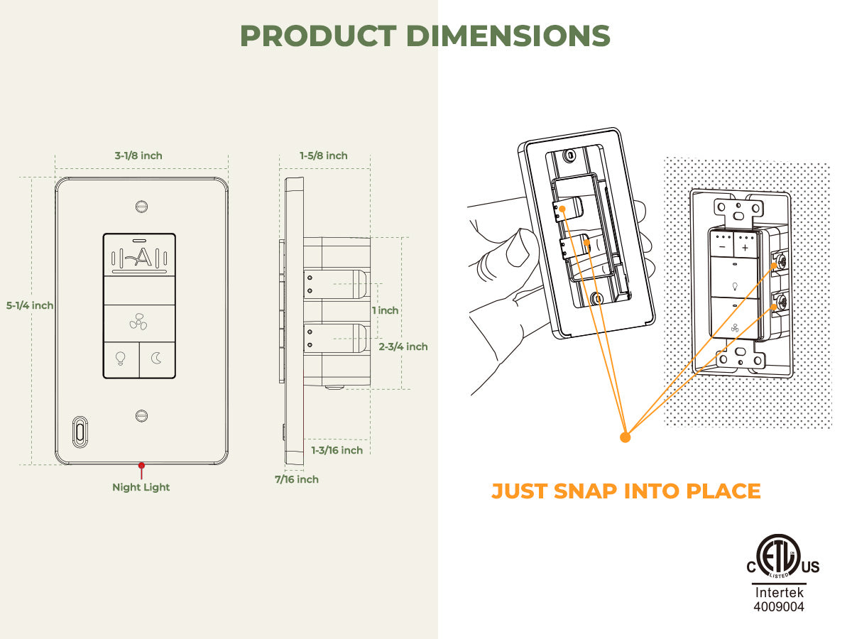 Product dimensions diagram for a light switch with Intellicut branding.