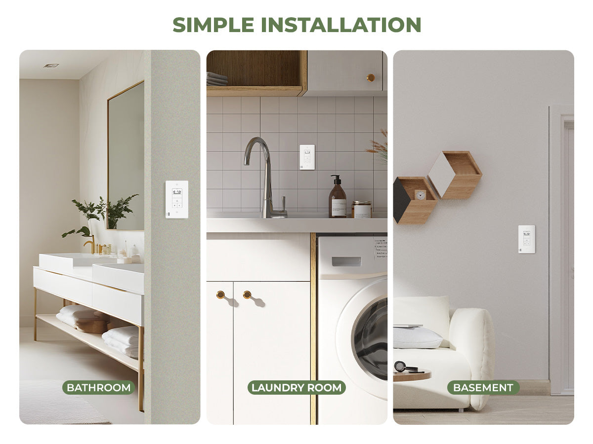 Collage of a bathroom, laundry room, and basement with text 'Simple Installation' at the top.