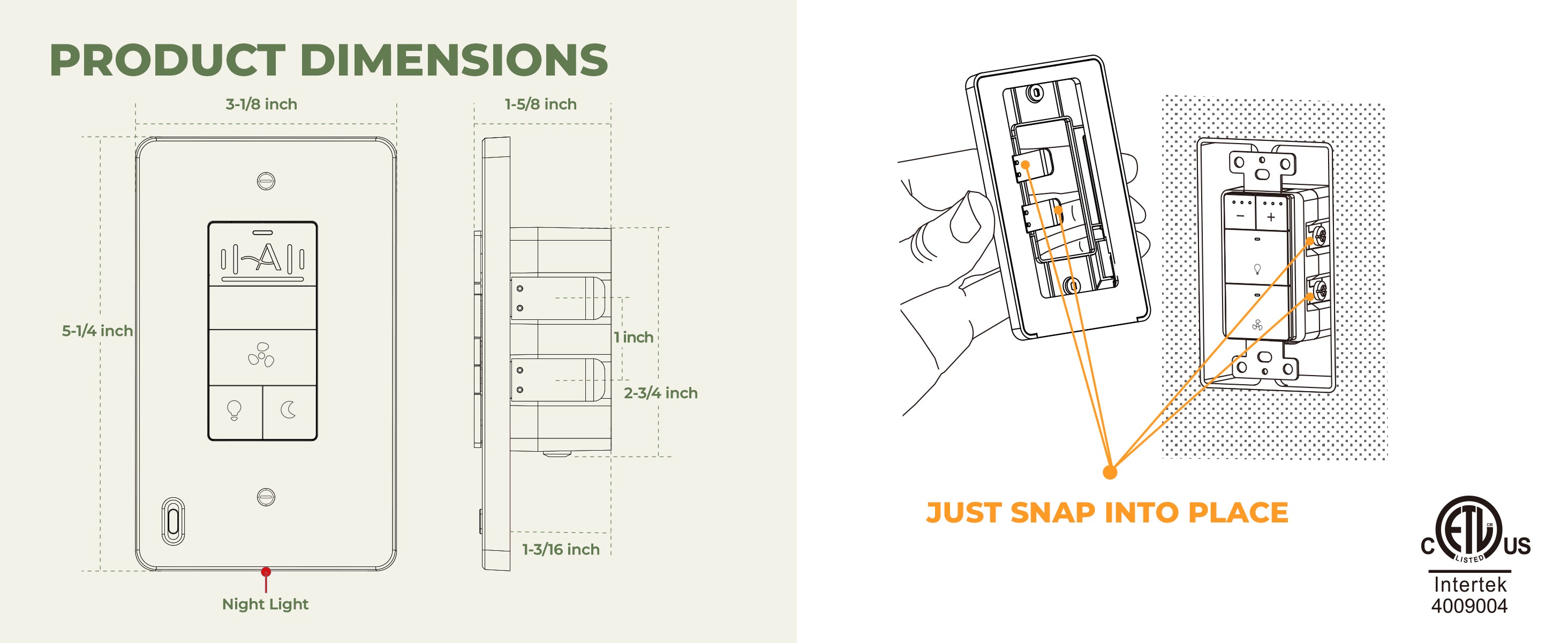 Product dimensions diagram with snap-in feature illustration on a white background
