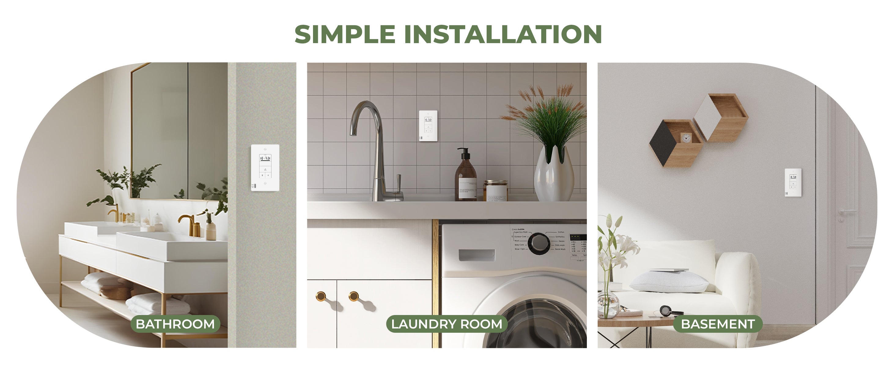 Three scenes showing different rooms with a light switch labeled 'Simple Installation'.