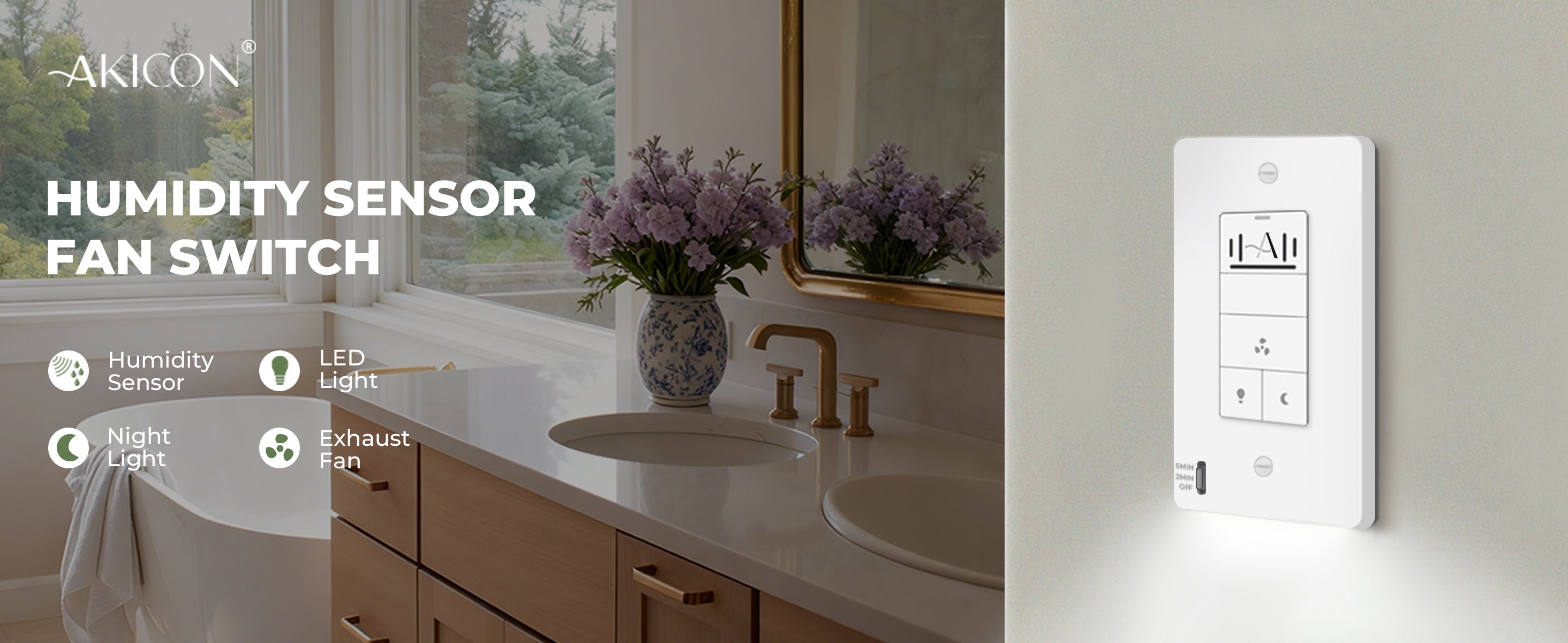 Humidity sensor fan switch on a bathroom wall with sink and window in the background