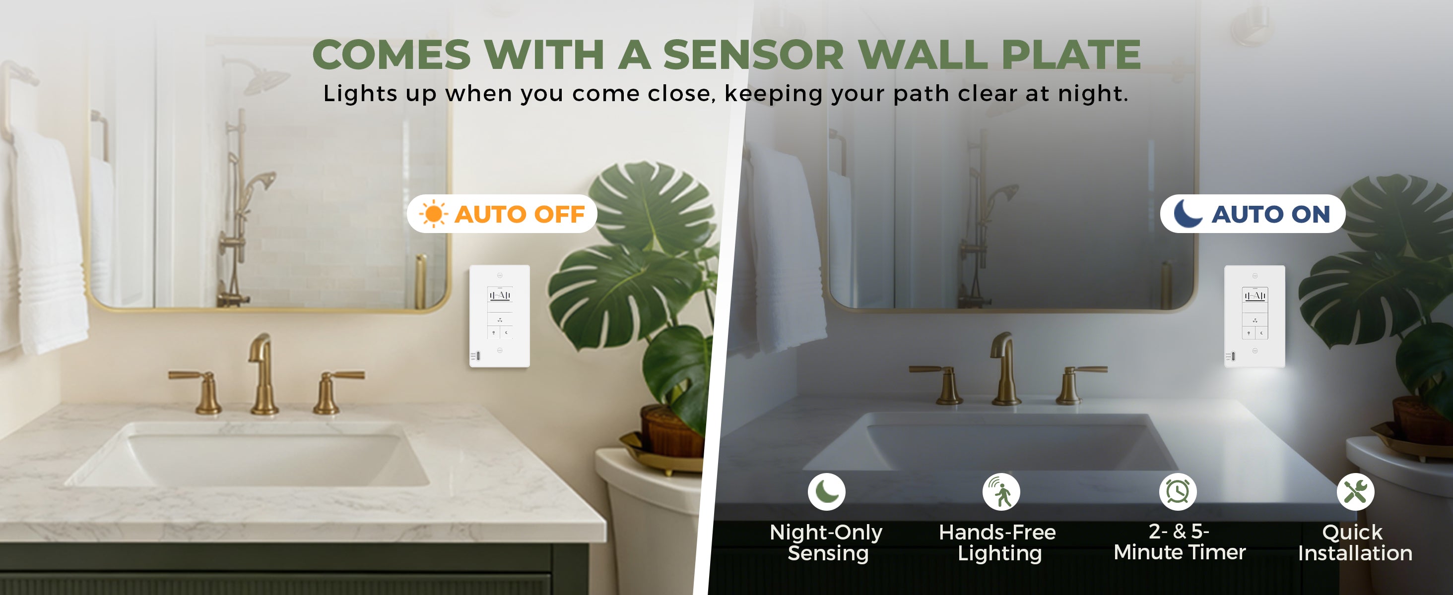 Bathroom scene with a sensor wall plate labeled 'Auto Off' and 'Auto On', featuring a sink and plants.