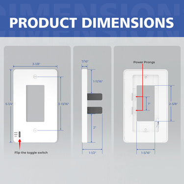 Dimensions of a light switch with labeled measurements on a gray background