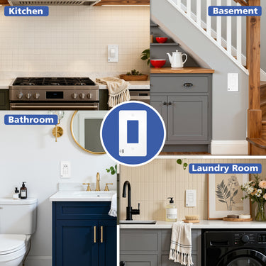 Collage of a kitchen, basement, bathroom, and laundry room with a light switch icon.